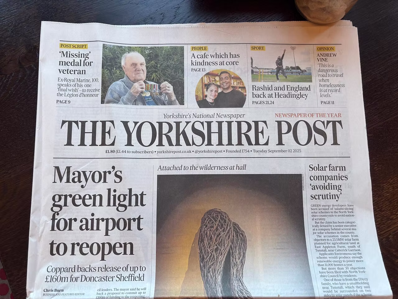 The Yorkshire Post front page featuring The Archive Cafe